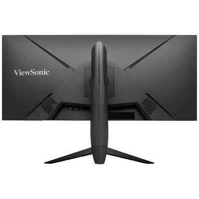 Rear view of a ViewSonic monitor with a triangular stand and slim design.