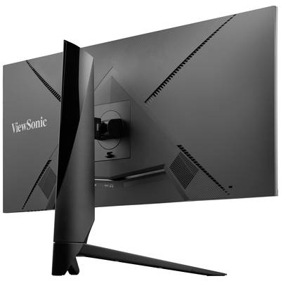 Rear view of a ViewSonic computer monitor with a sleek design in black, positioned on a slim, angled stand.