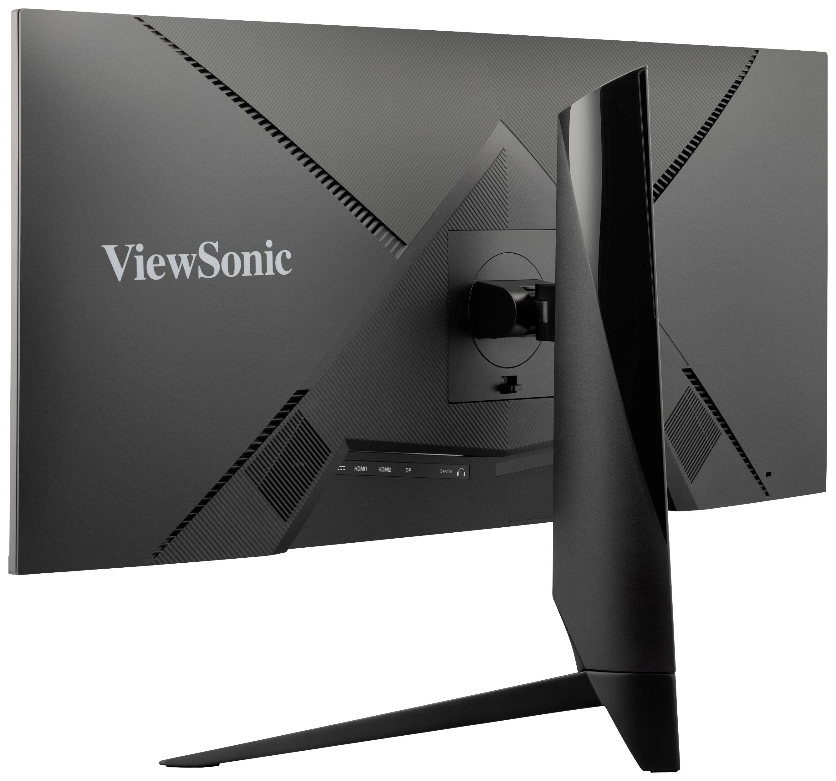 Rear view of a black ViewSonic monitor with a triangular, textured back panel and a sturdy black stand.