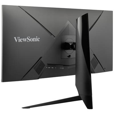 Rear view of a black ViewSonic monitor with a triangular, textured back panel and a sturdy black stand.