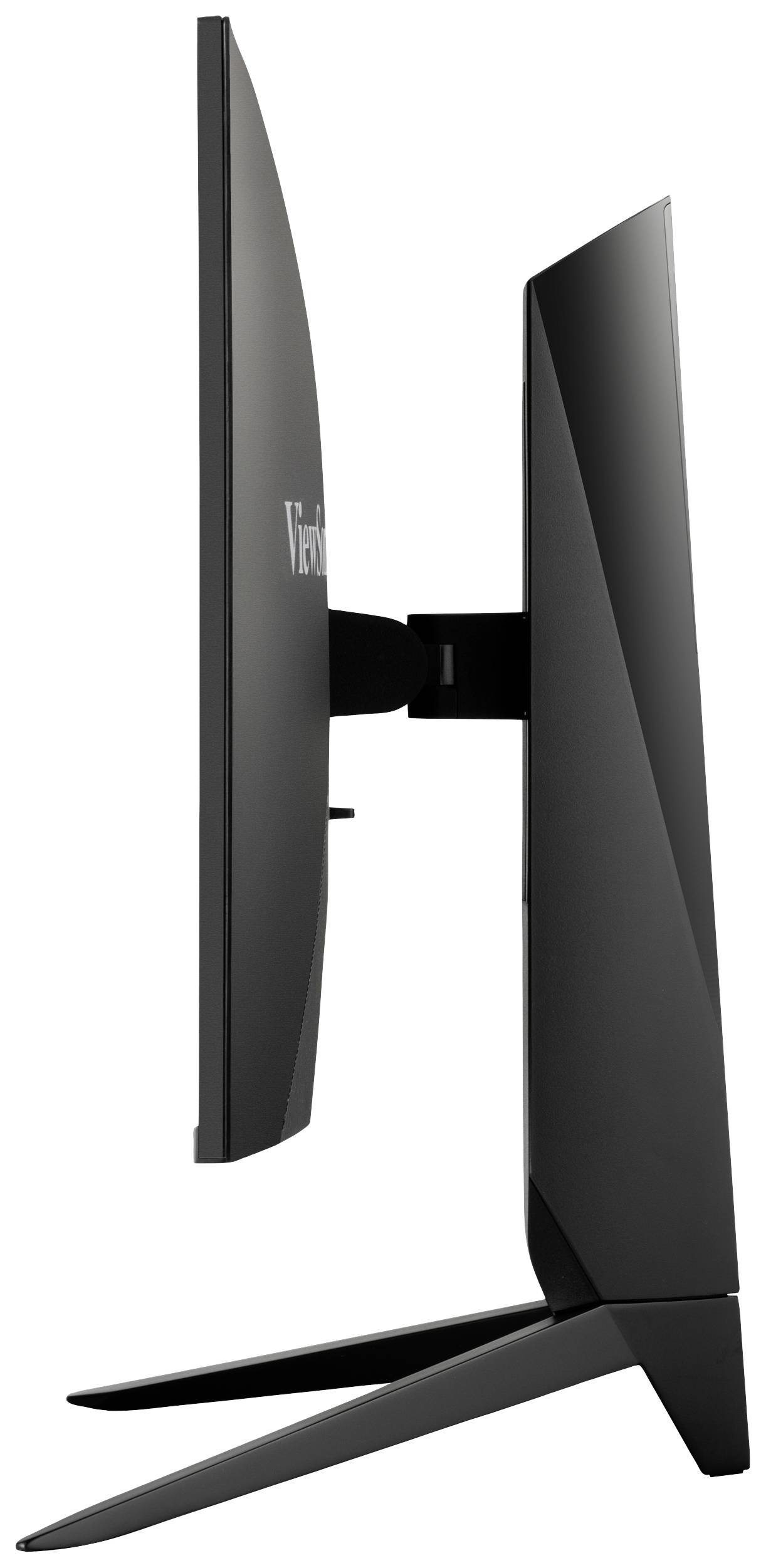Side view of a modern, black computer monitor with a sleek design on a sturdy stand.