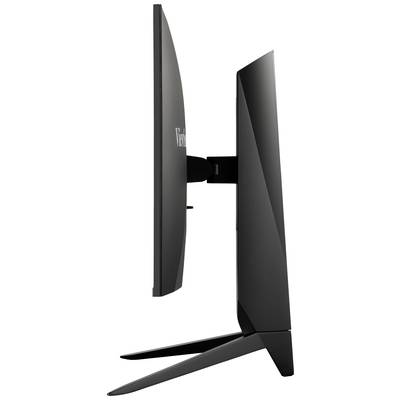 Side view of a modern, black computer monitor with a sleek design on a sturdy stand.