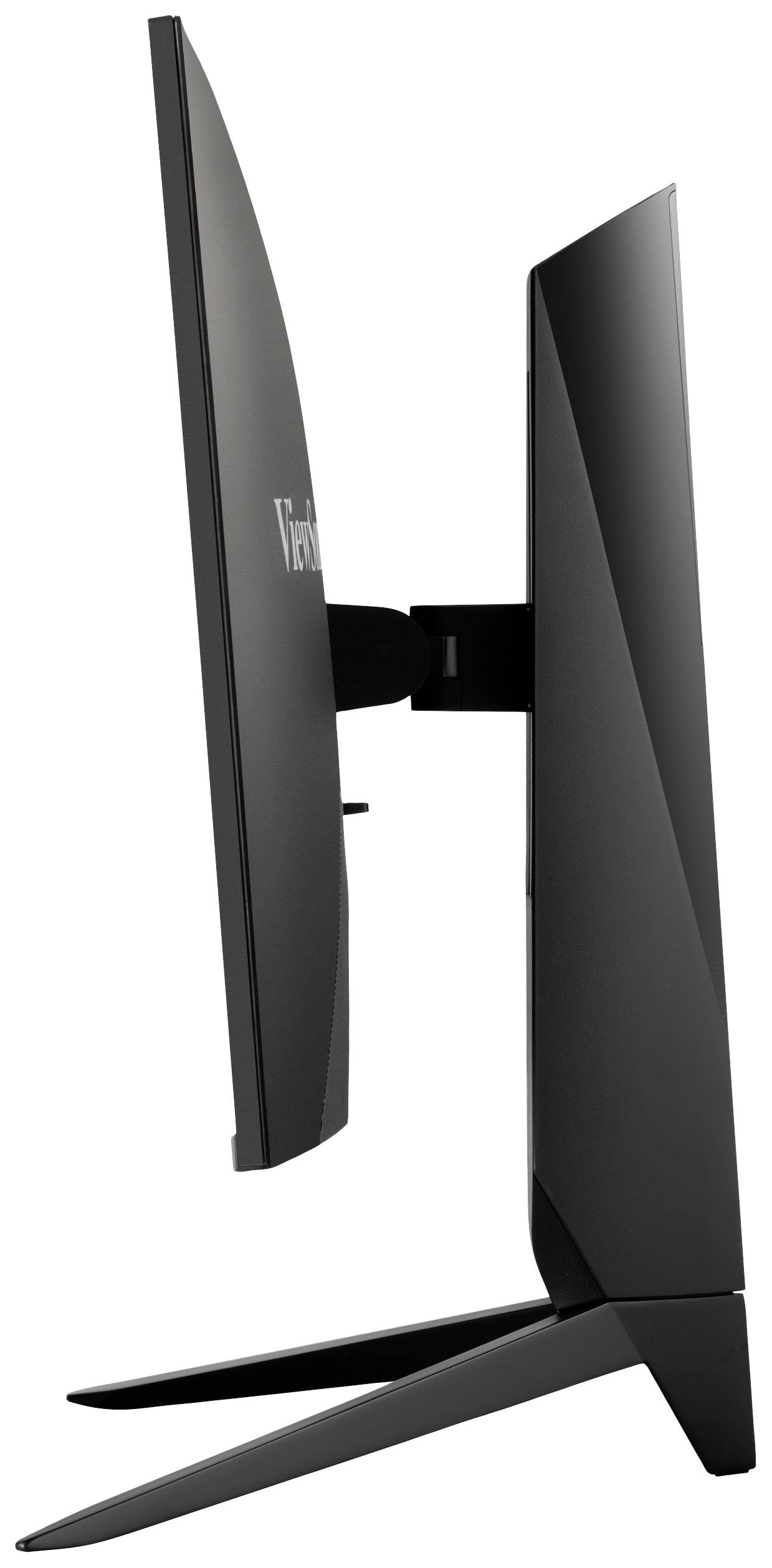 A sleek, black computer monitor viewed from the side, showcasing its slim profile and modern stand.