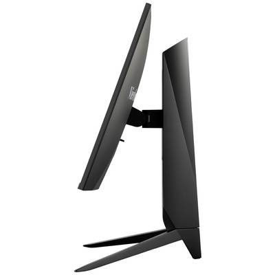 A slim, side-angled computer monitor on a stand, with a black casing and a modern, minimalist design.