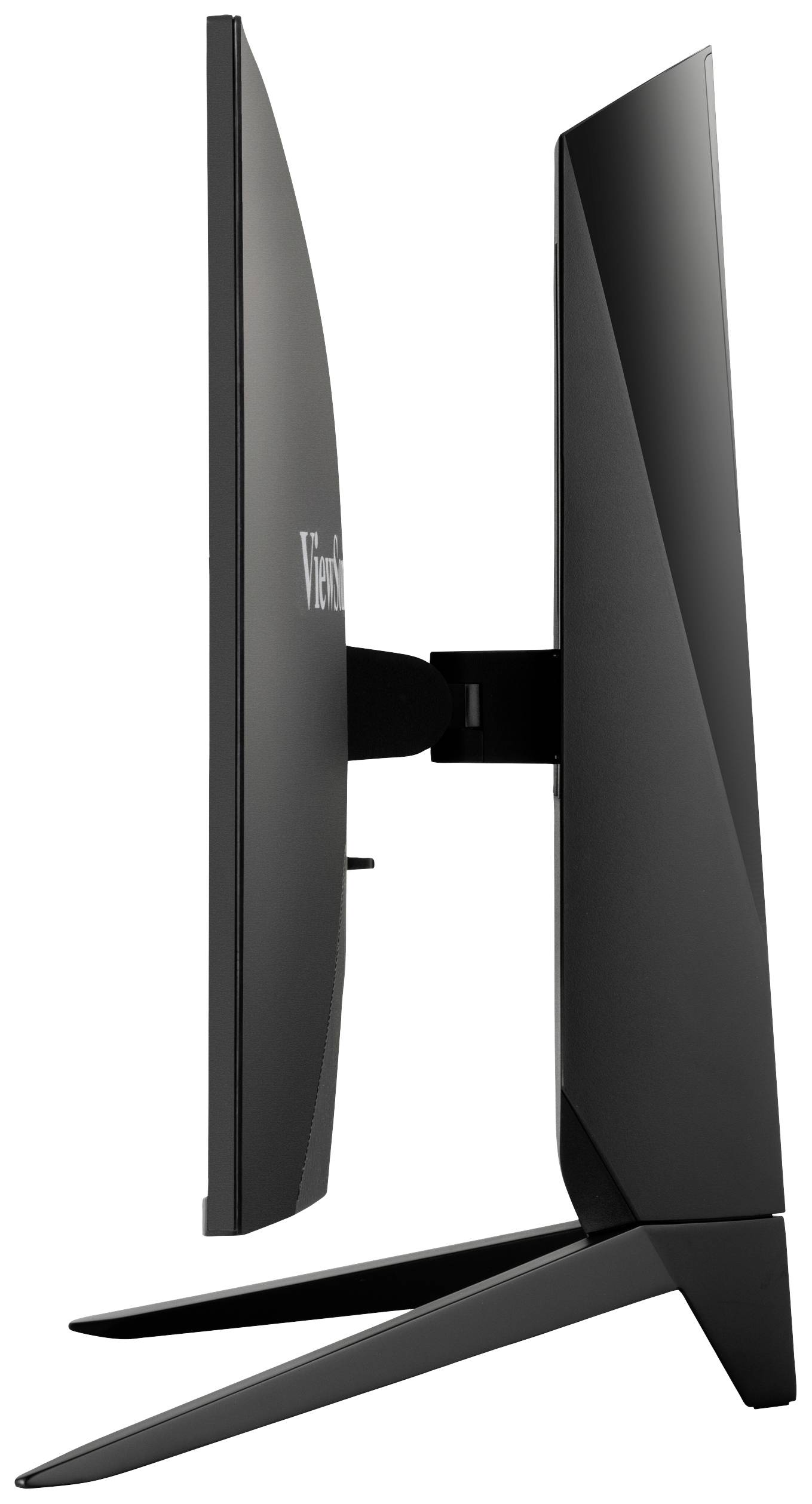 Side view of a flat computer monitor with a slim stand and slightly curved screen.