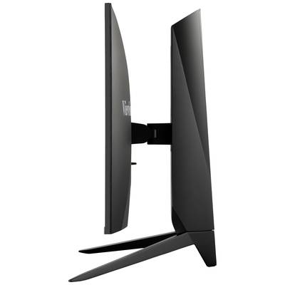 Side view of a flat computer monitor with a slim stand and slightly curved screen.