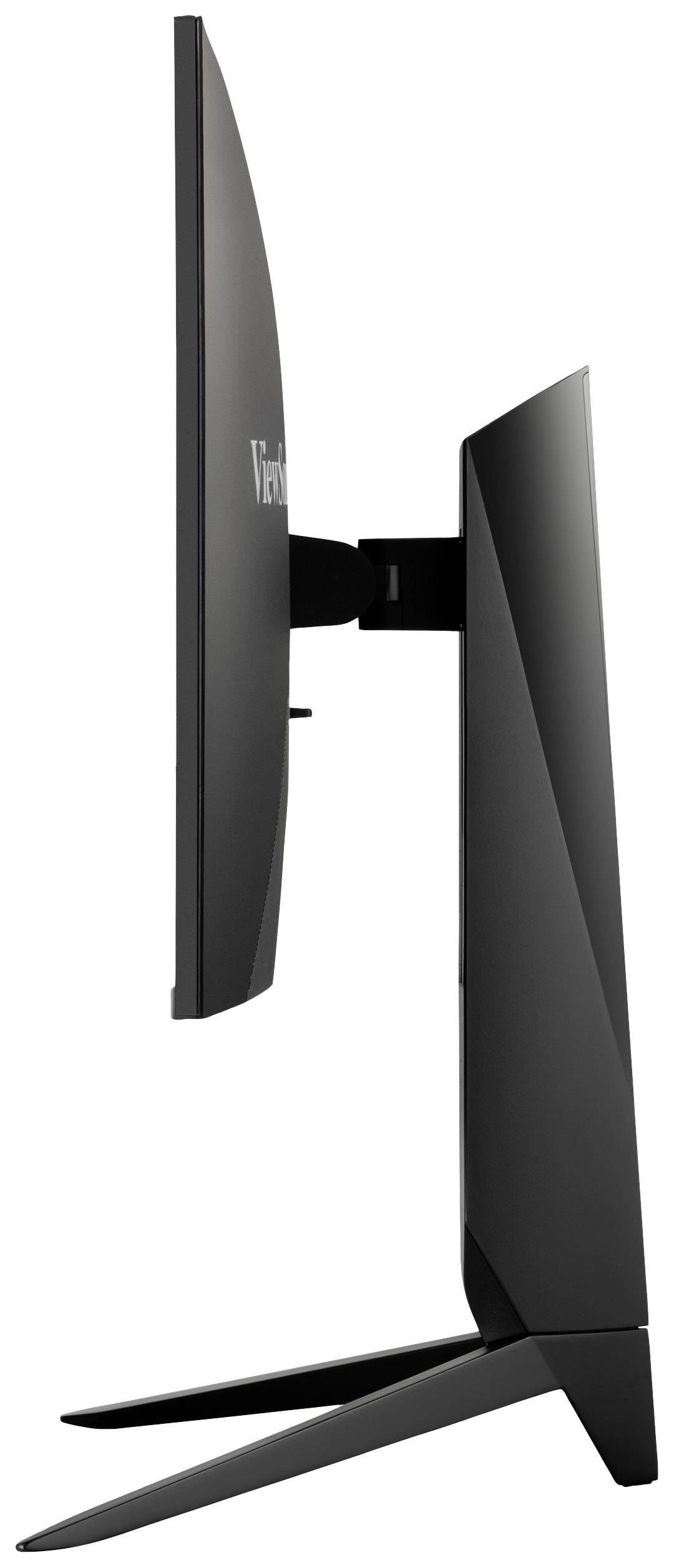 Side view of a sleek, black computer monitor resting on a modern stand.