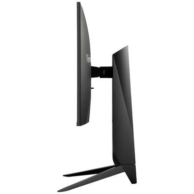 Side view of a sleek, black computer monitor resting on a modern stand.