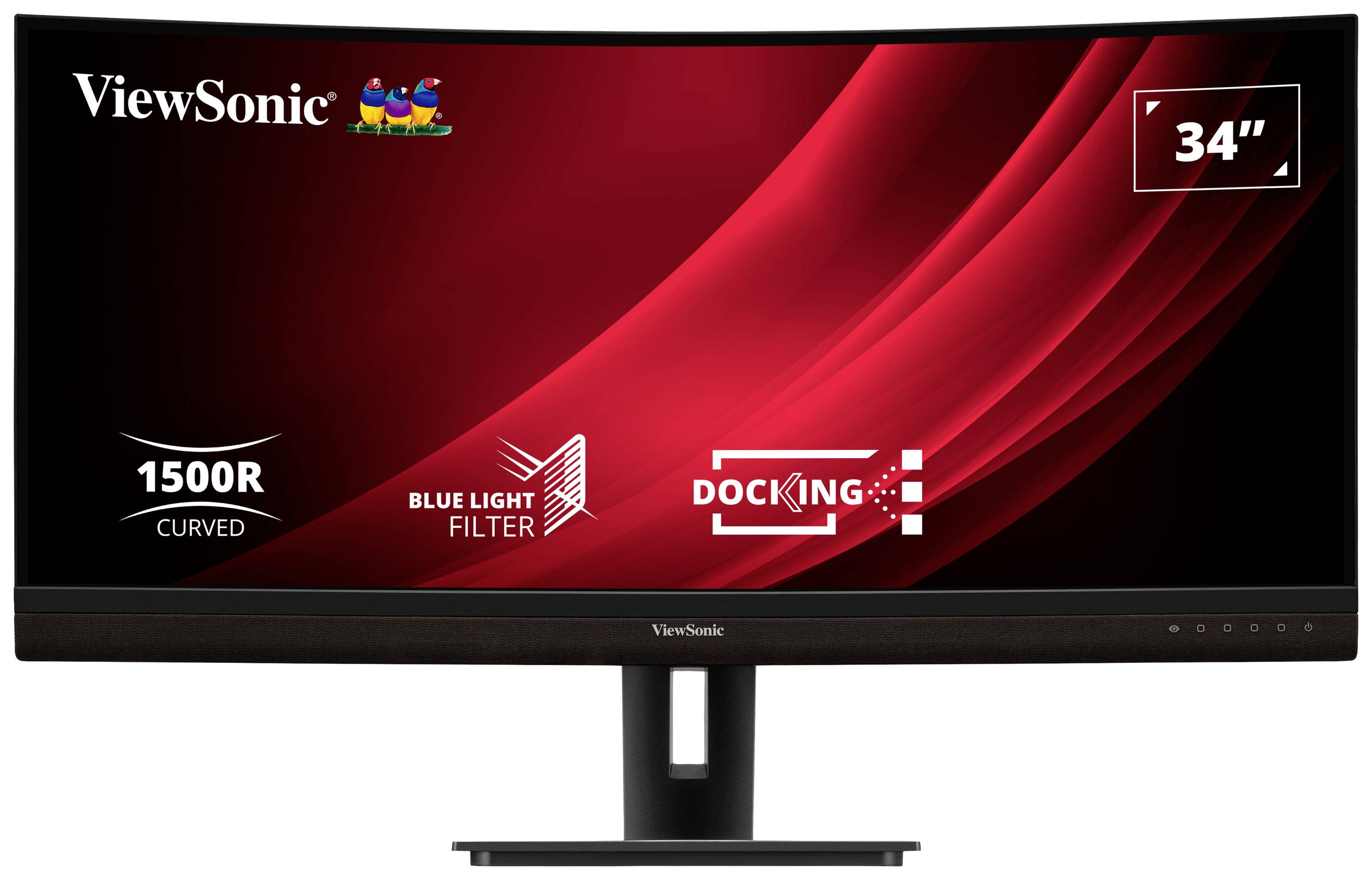 A 34-inch curved monitor from ViewSonic, with a 1500R curvature, featuring a blue light filter and docking functionality.