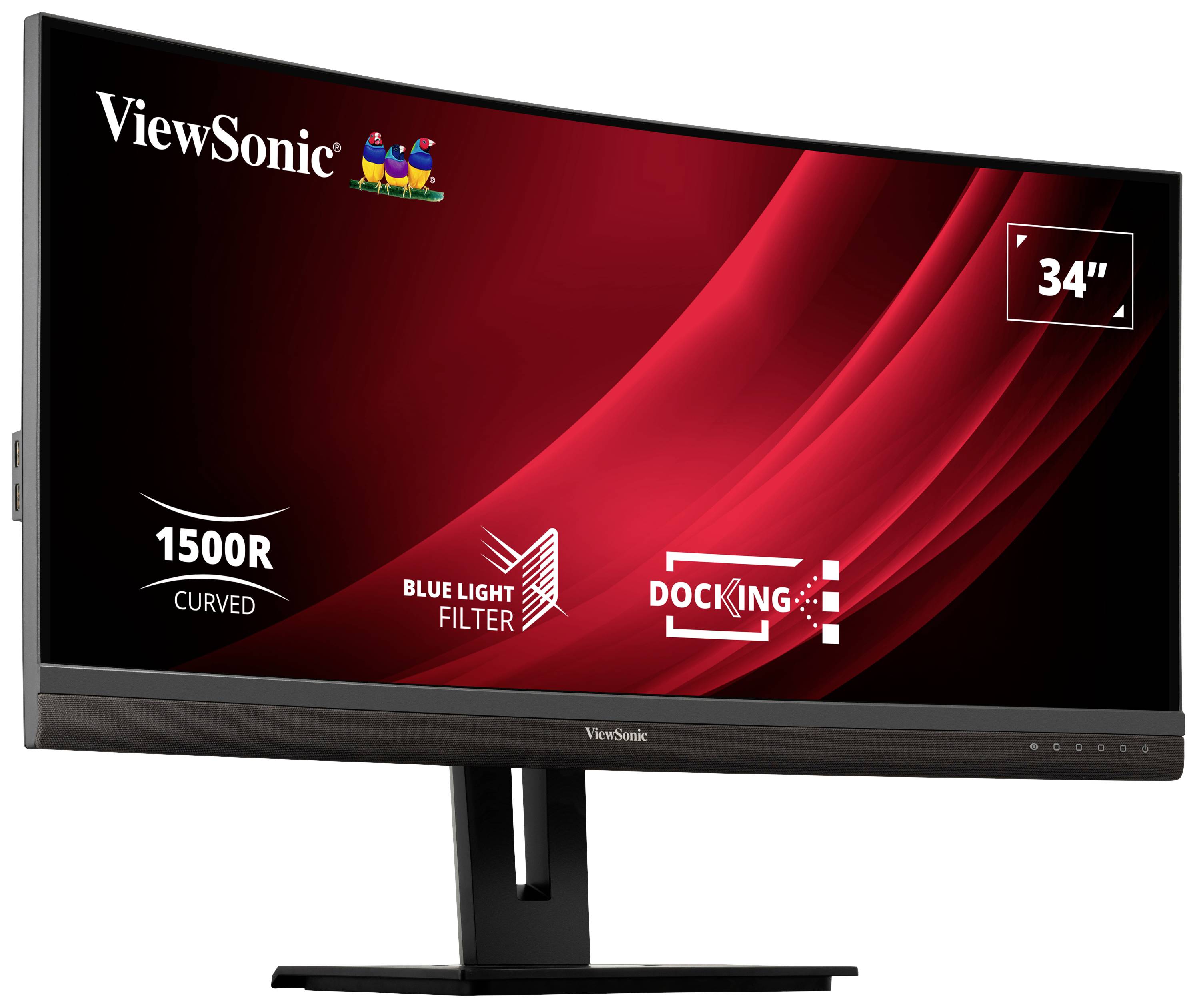 Ultra-wide 34-inch monitor from ViewSonic with curved screen, blue light filter, and docking station connection.