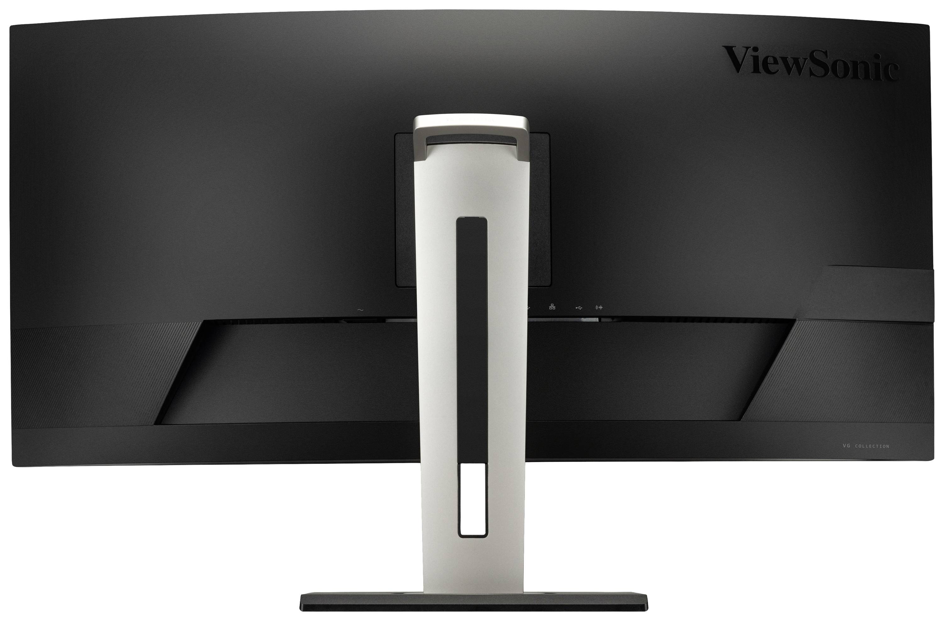 Rear view of a black ViewSonic monitor with a white stand, which has a slim rectangular shape.