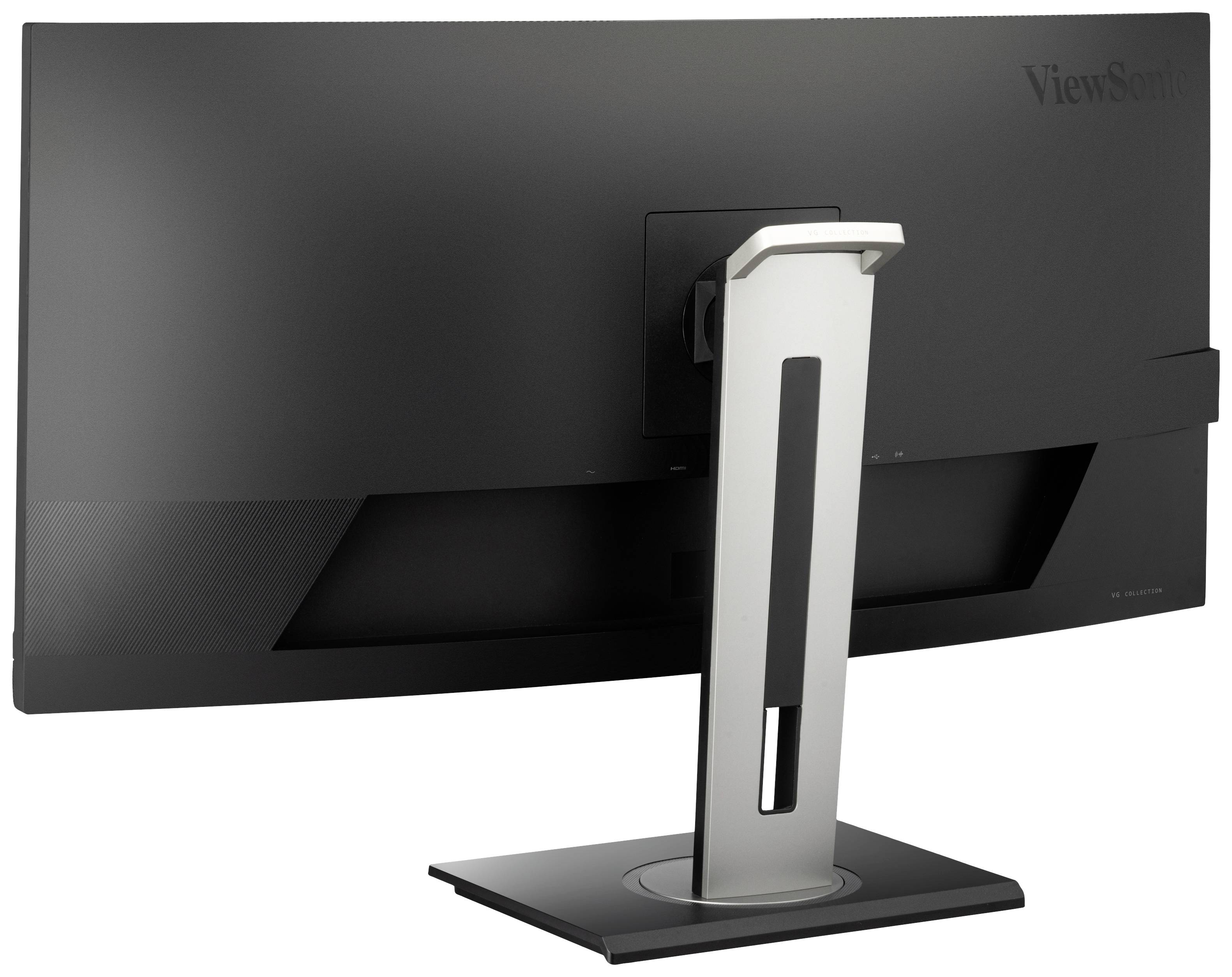 Rear view of a large, curved computer monitor with an adjustable stand.
