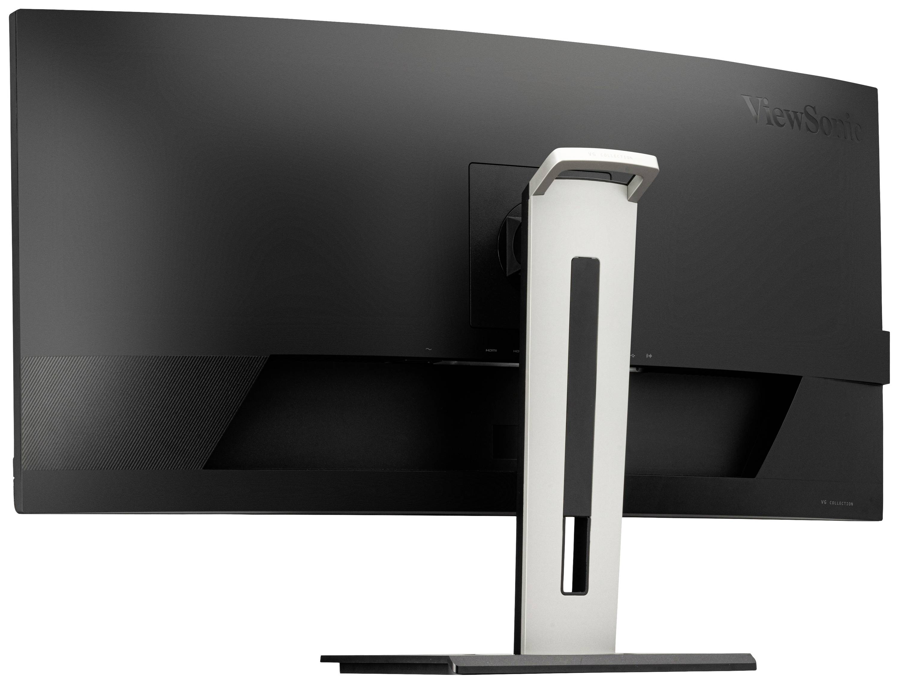 Rear view of a large, curved computer monitor with a sturdy, modern stand.