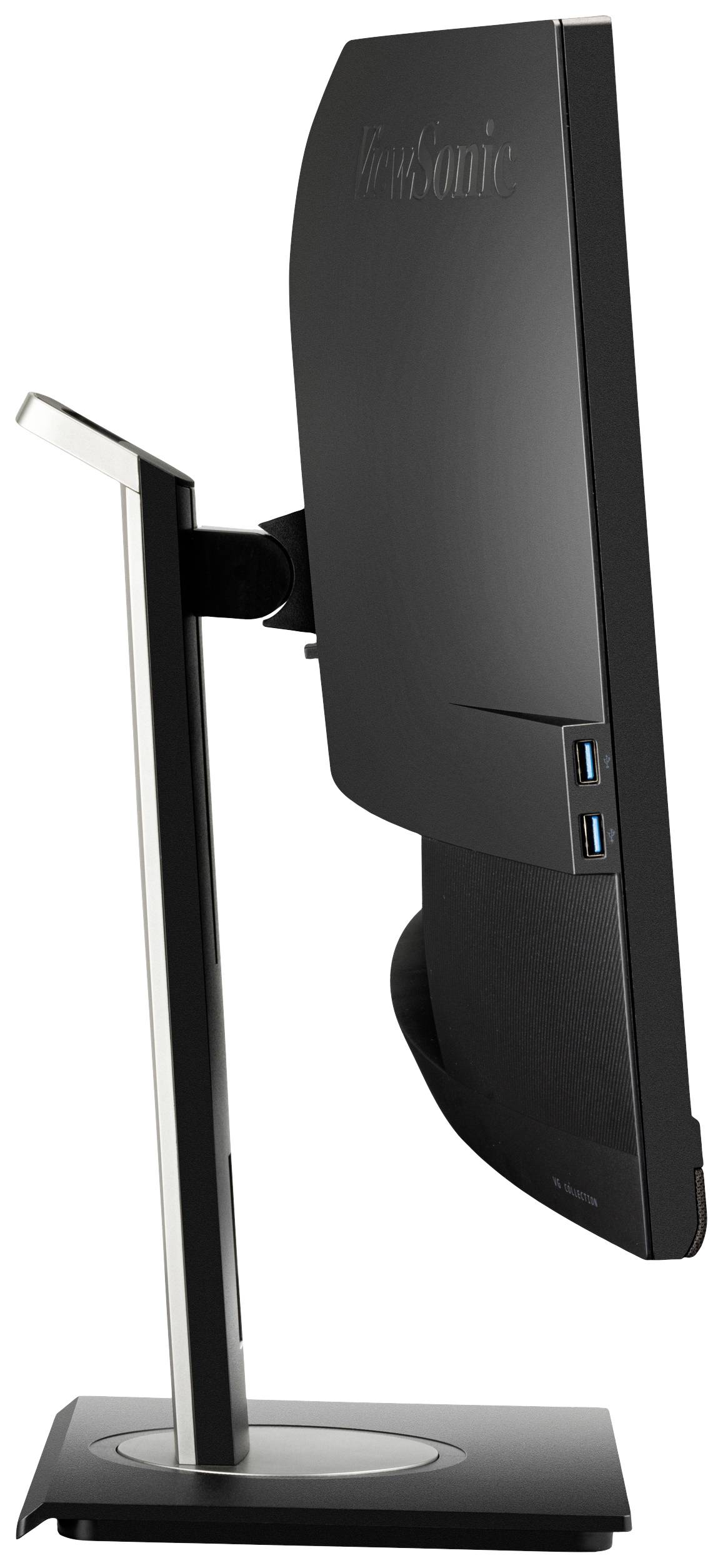 Side view of a black computer monitor with a slender stand and two USB ports on the side of the screen.