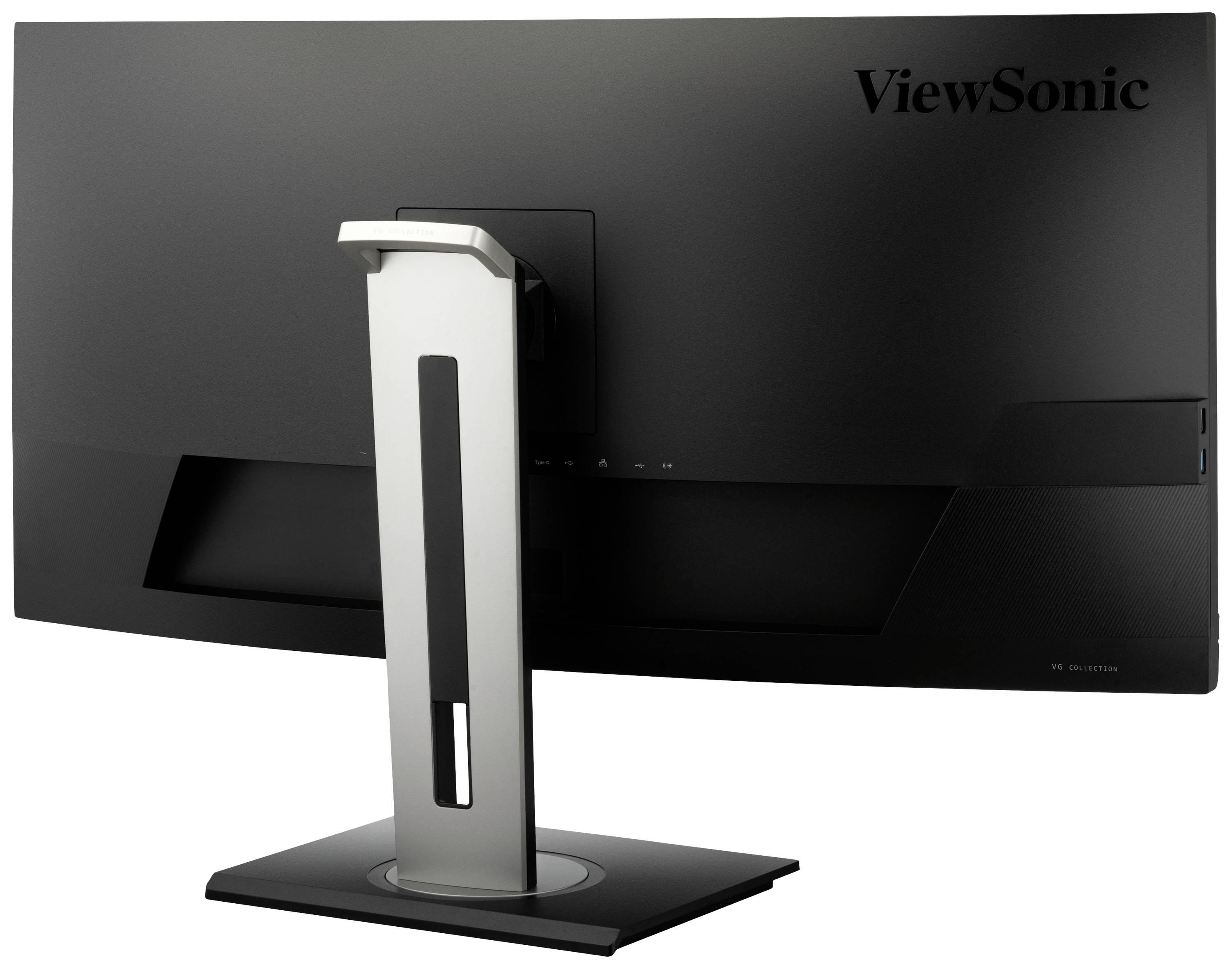 A black ViewSonic monitor from behind, with a silver stand.