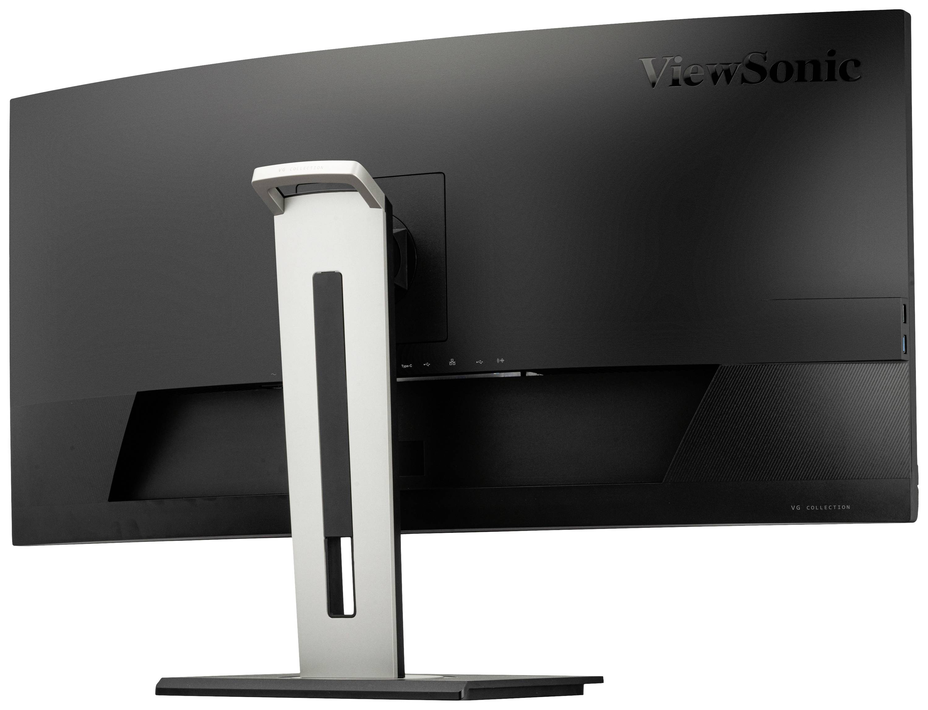 Back of a large, curved ViewSonic monitor with a black casing and a sturdy, silver stand.