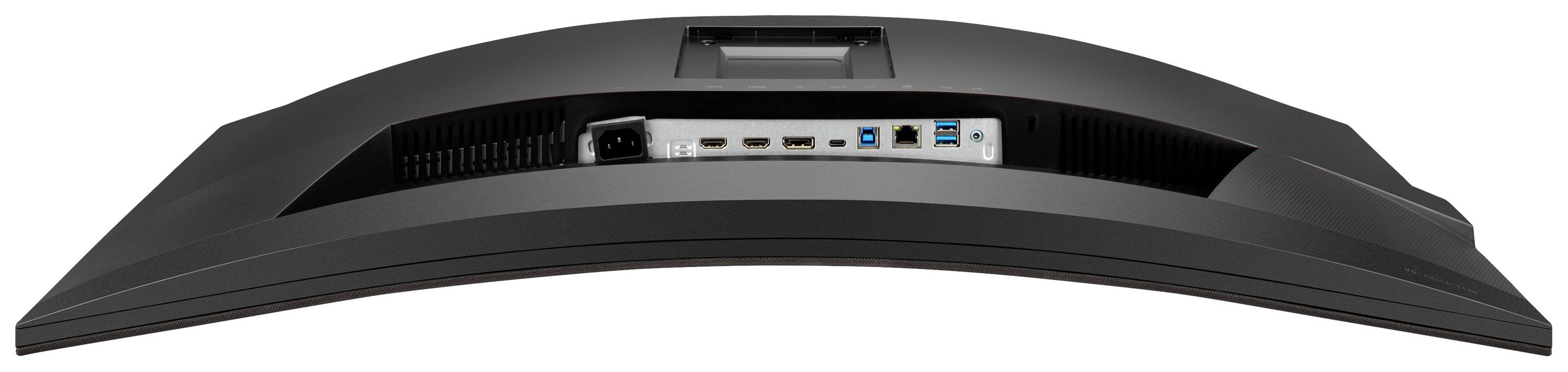 Rear view of a curved monitor with visible ports: power supply, two HDMI ports, DisplayPort, and USB ports.