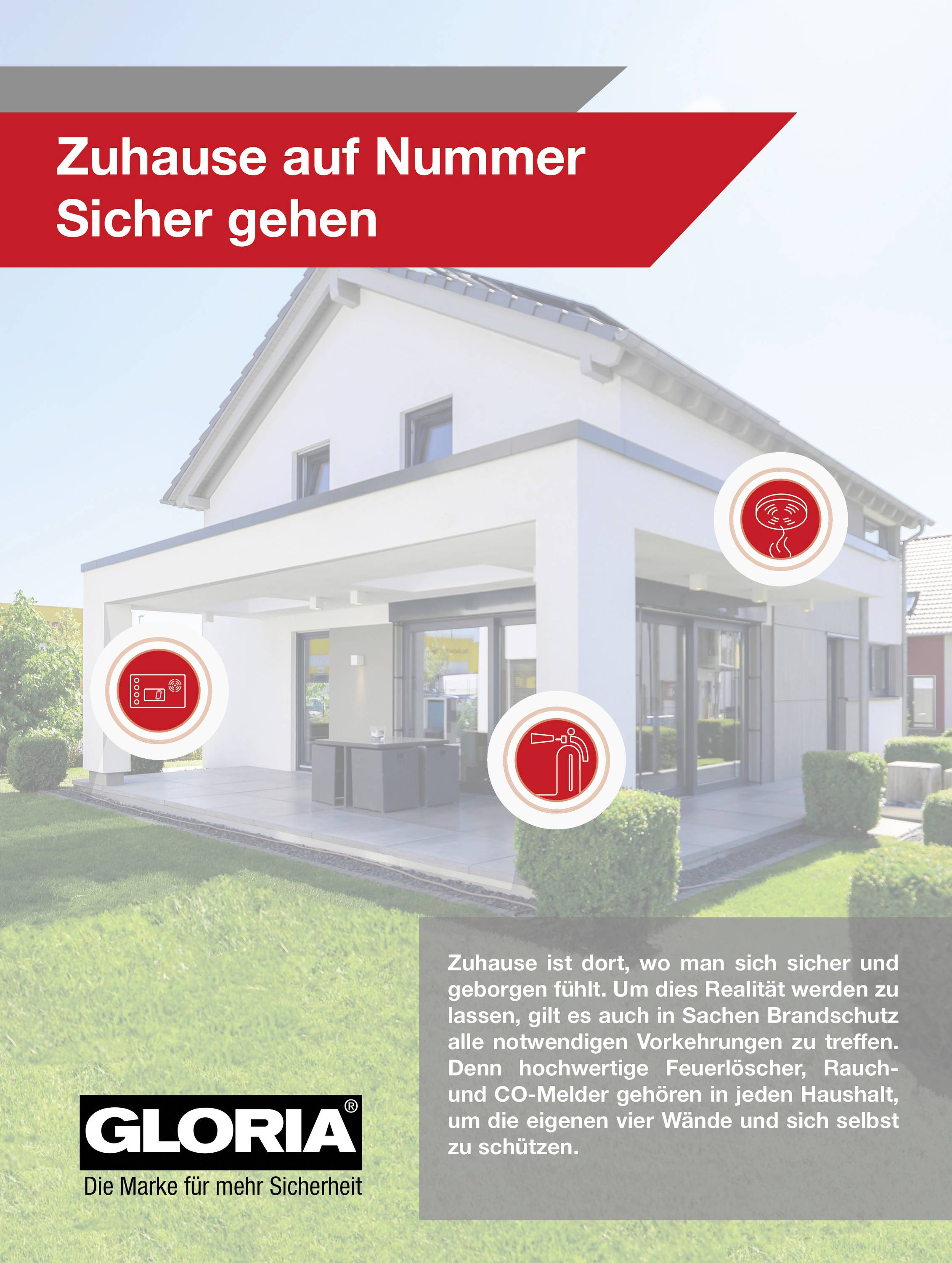 The image depicts a modern detached house. On the left, symbols for fire extinguisher, smoke detector, and carbon monoxide detector are shown.