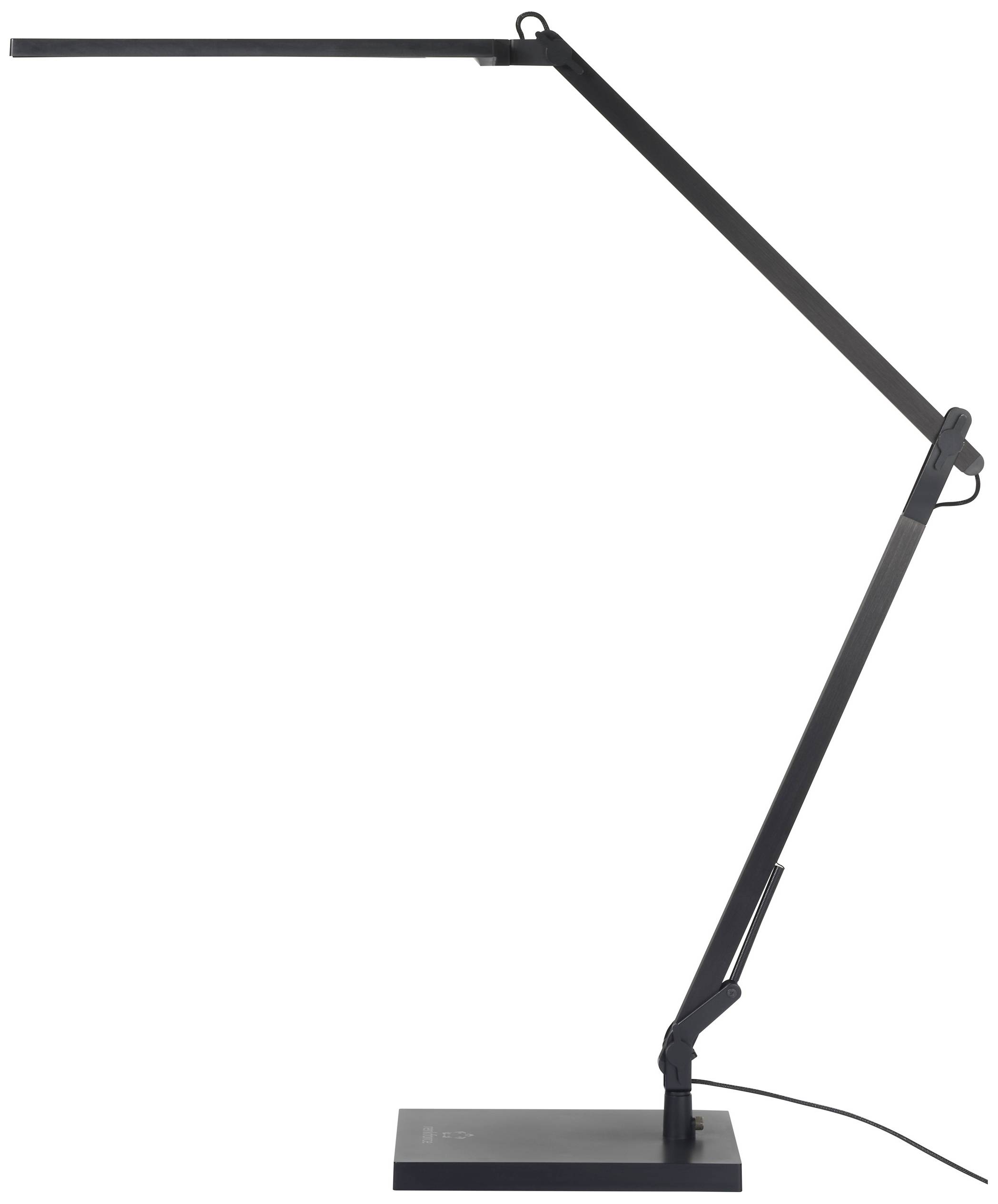 A black, modern desk lamp with an adjustable jointed arm and rectangular base, mains-powered.
