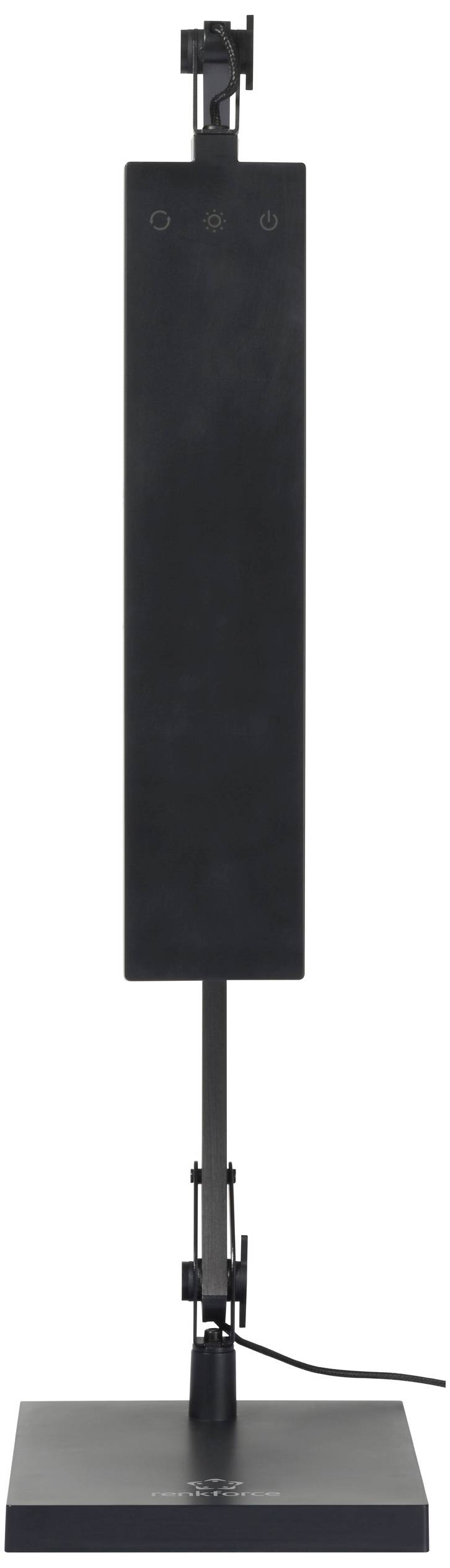 A black, rectangular lamp body stands vertically on a square base, with a thin stand in between.