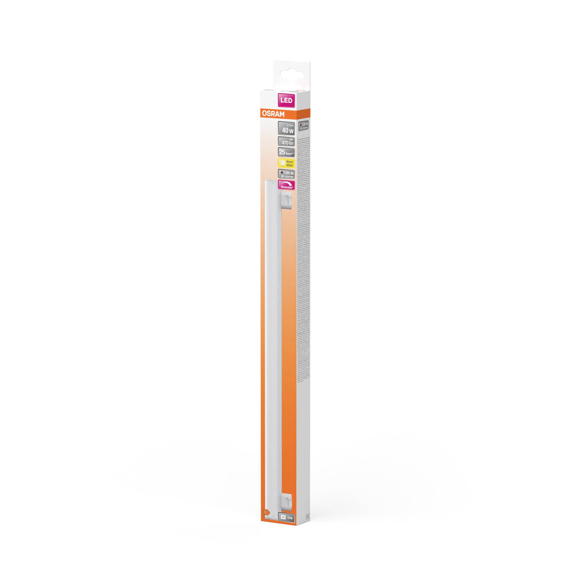 An LED lamp in packaging, elongated and orange, with the Osram logo. Suitable for domestic lighting, energy-efficient.