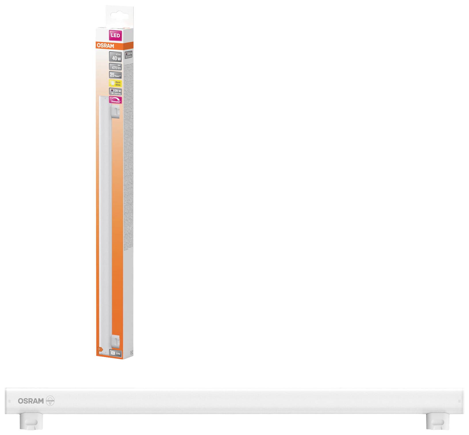 Osram LED Light: Slim, white light bar with packaging in the background. Ideal for additional lighting in interior spaces.