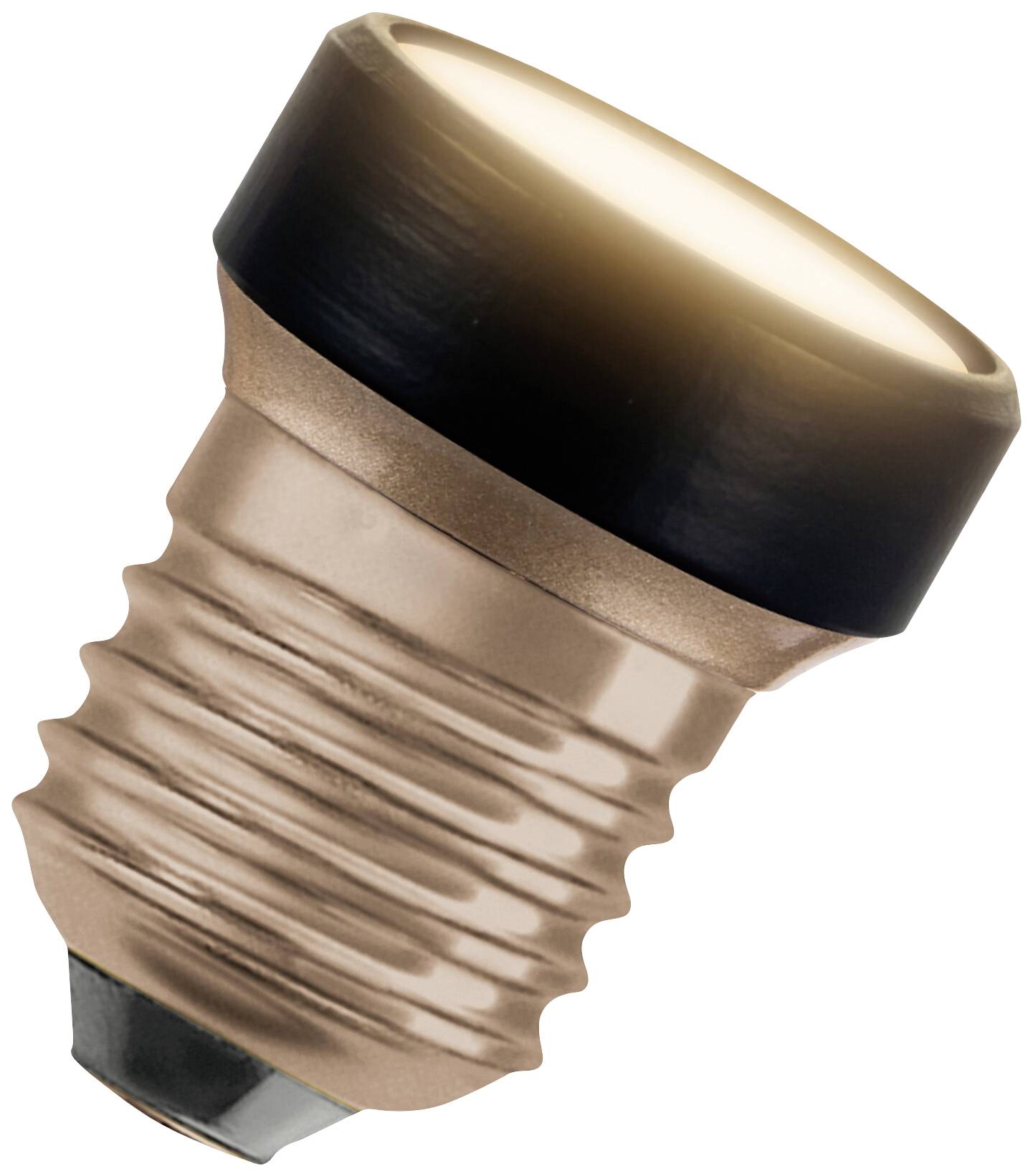 A light bulb with a screw thread, emitting warm light. It is copper-coloured and has a black-tinted tip.