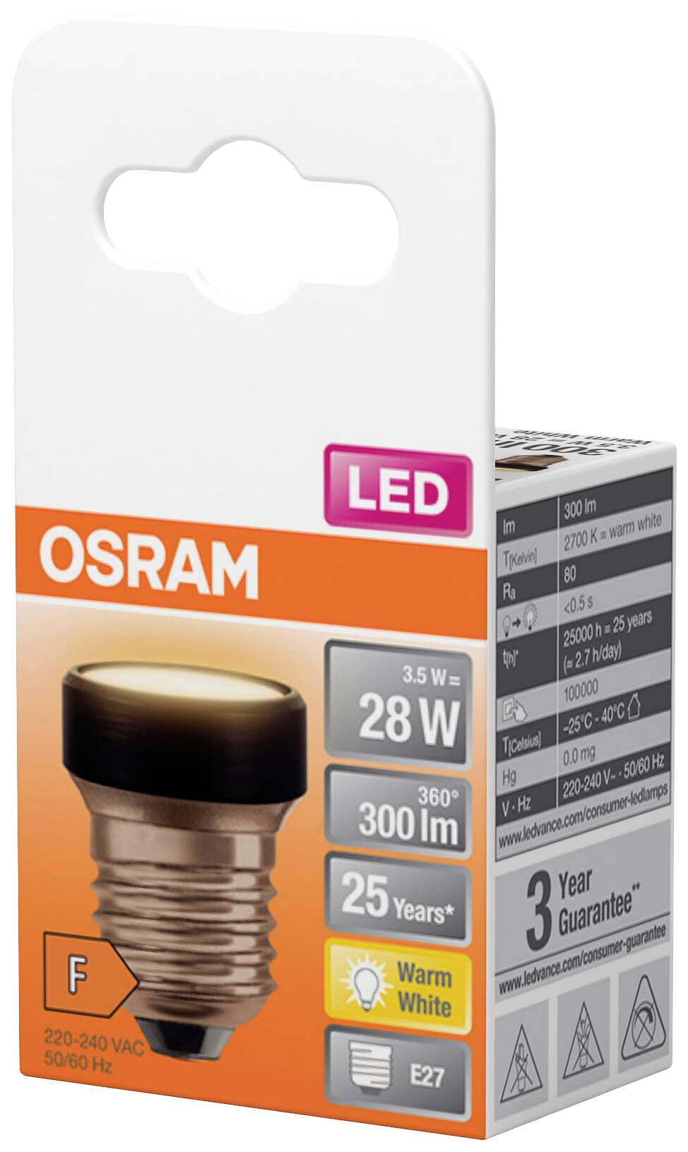 An LED light bulb with 28W power, 300 lumens, warm white light, energy efficiency class F, and a lifespan of 25 years. Packaging displays the OSRAM logo.
