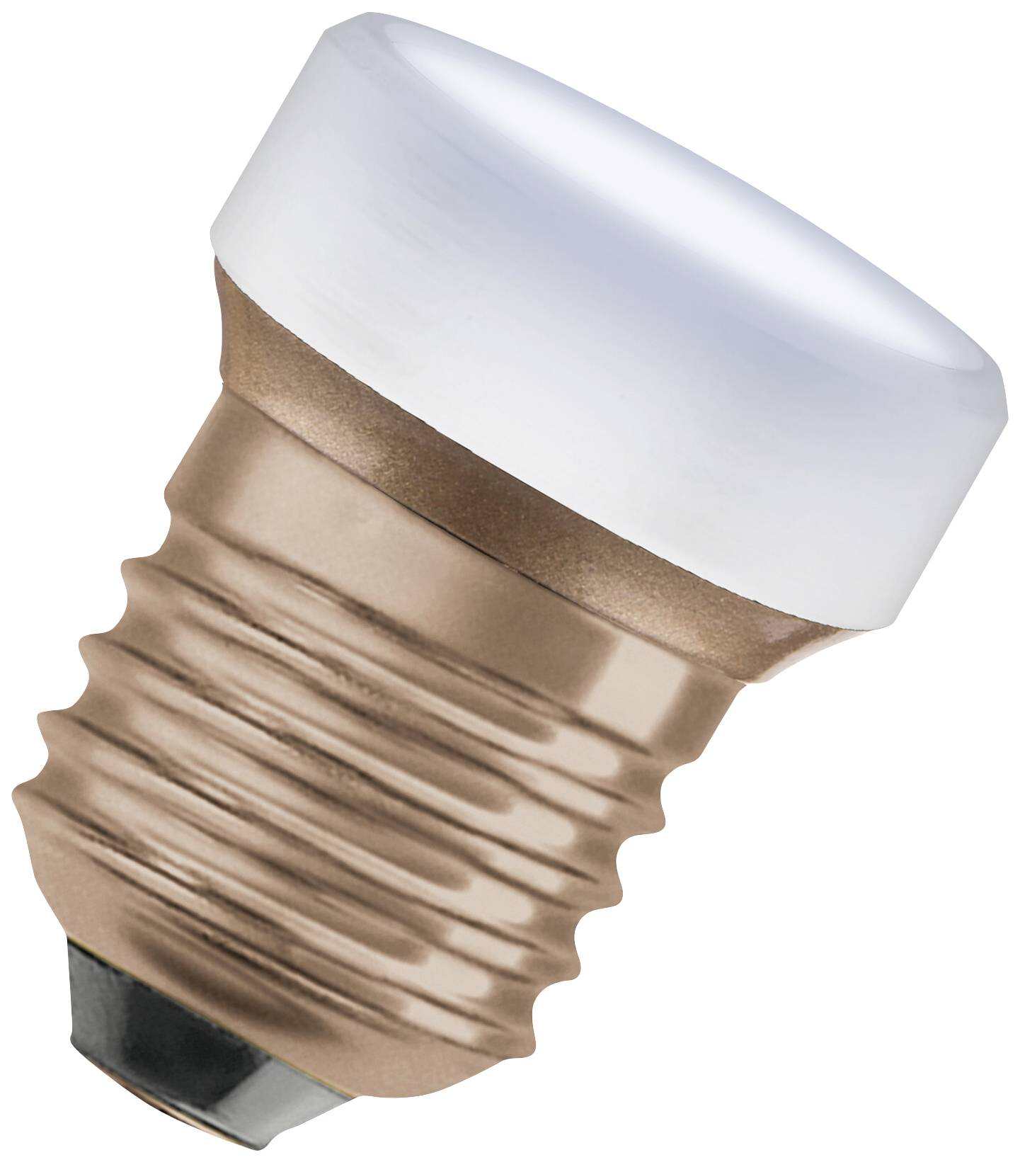 A LED light bulb with a metallic base and white luminous body, isolated on a white background.