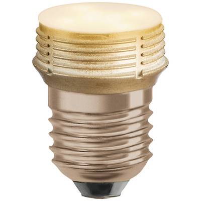 A LED light bulb with a bronze-coloured base and warm light, shown against a white background.