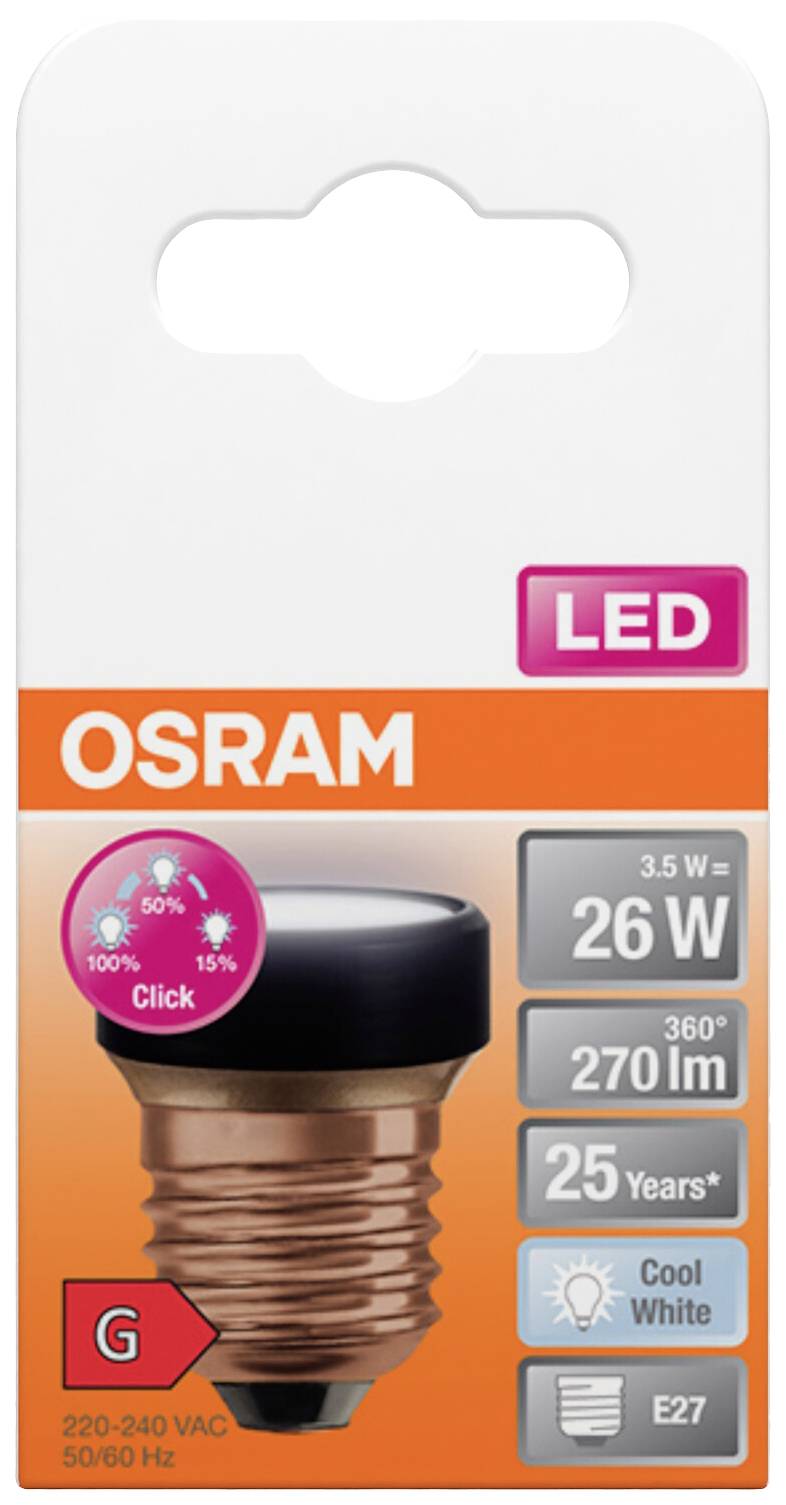 OSRAM LED lamp, 26 W, 270 lumens, 25-year lifespan, E27 Edison screw fitting, cool white light, Energy Efficiency Class G.