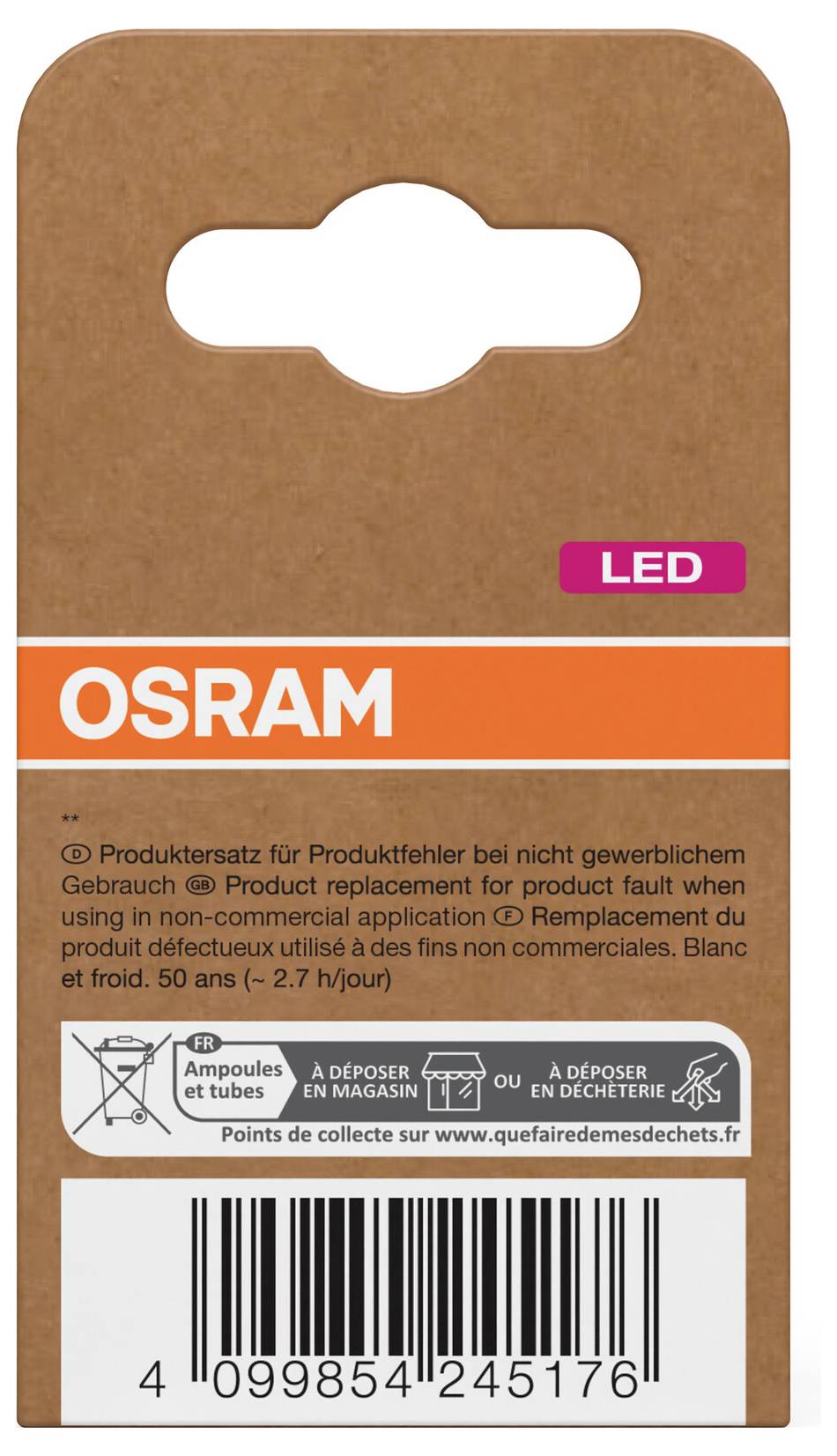 OSRAM LED product package label with brown backing, orange OSRAM band, barcode, and recycling/disposal information.