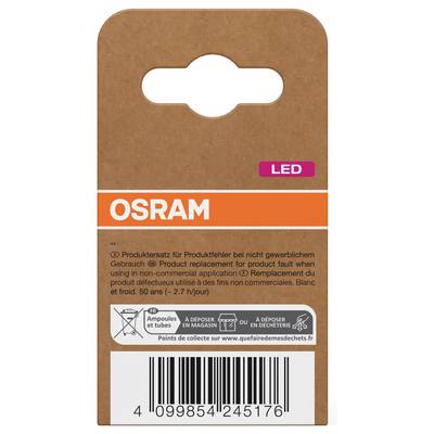 OSRAM LED product package label with brown backing, orange OSRAM band, barcode, and recycling/disposal information.