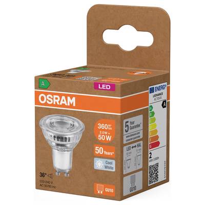 OSRAM LED spotlight bulb package, 2.0W, 50W equivalent, GU10 base, cool white, 360° beam, energy rating A.<br>