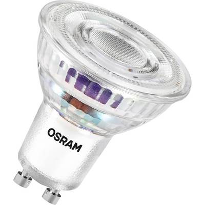 An OSRAM LED light bulb with a GU10 base, transparent casing and visible components. Suitable for energy-efficient lighting.