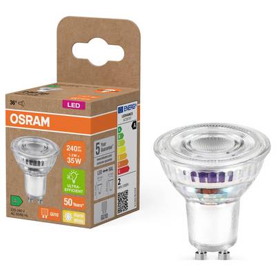 LED light bulb from Osram next to its corresponding packaging. Packaging shows energy efficiency class, brightness, and warm white colour.