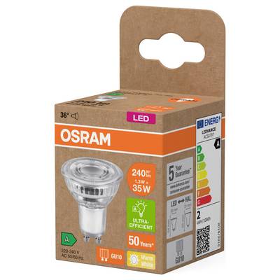 OSRAM LED Light Bulb Packaging. 240 Lumens, 1.3W equivalent to 35W. Energy-saving with warm white light, Energy Class A.