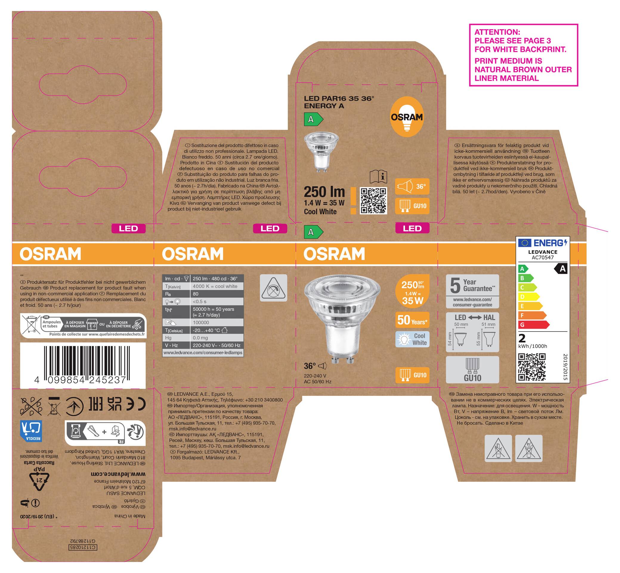 OSRAM LED PAR16 35 36° light bulb packaging box template with product labels, specifications, barcode, and recycling symbols.