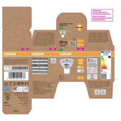OSRAM LED PAR16 35 36° light bulb packaging box template with product labels, specifications, barcode, and recycling symbols.