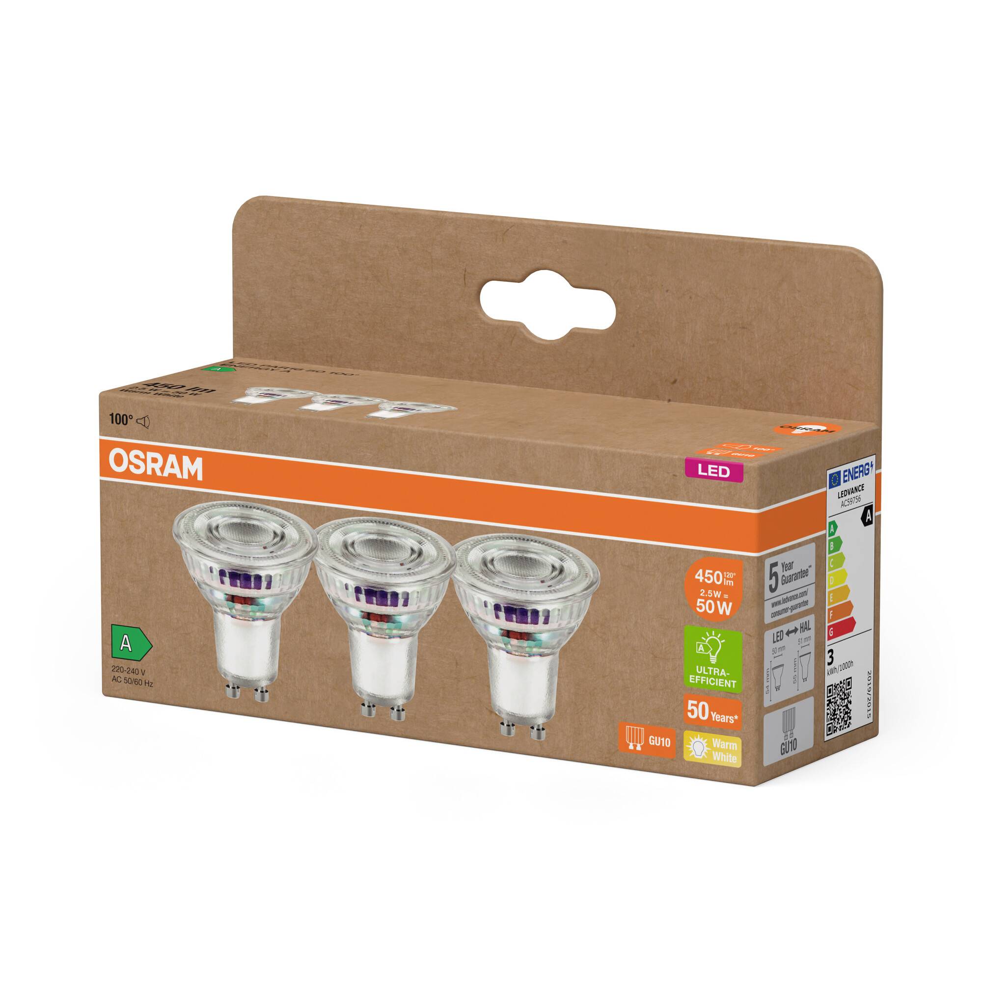 A pack of OSRAM LED light bulbs, comprising three pieces with 450 lumens, suitable as a 50W replacement, Energy Class A++.