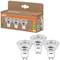 A pack of three OSRAM LED light bulbs. Energy-efficient, 450 lumens, 50 W power, suitable for GU10 fittings.