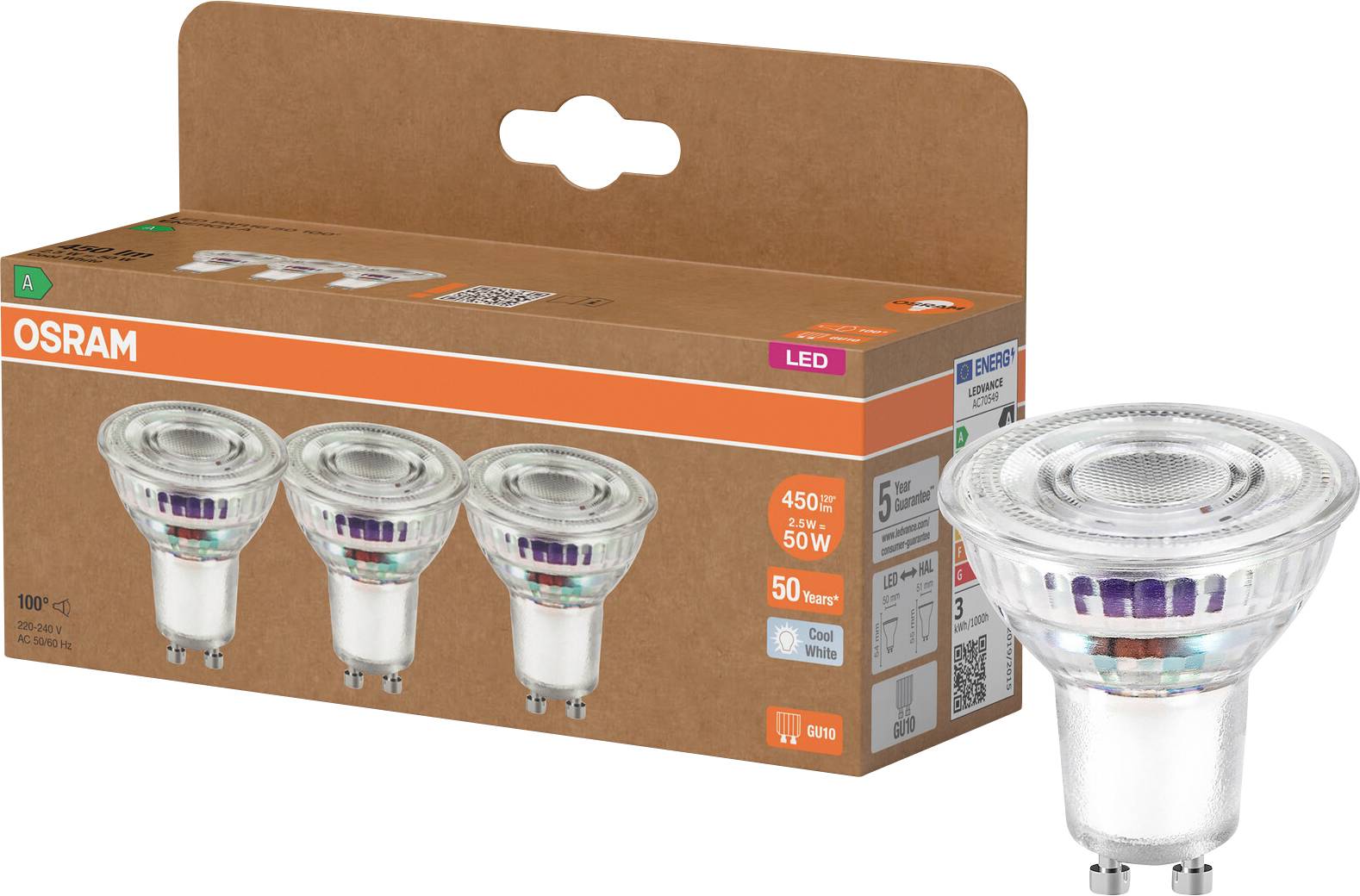 OSRAM LED light bulb pack with three bulbs in a box and one bulb shown outside, product packaging on a white background.