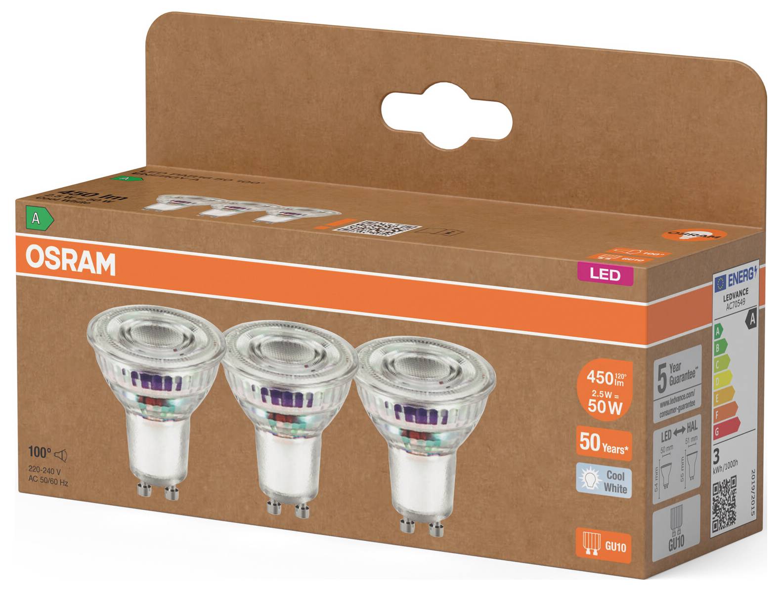 OSRAM LED light bulb 3-pack in brown retail box, labeled 450 lm, 50 W equivalent, GU10, cool white.