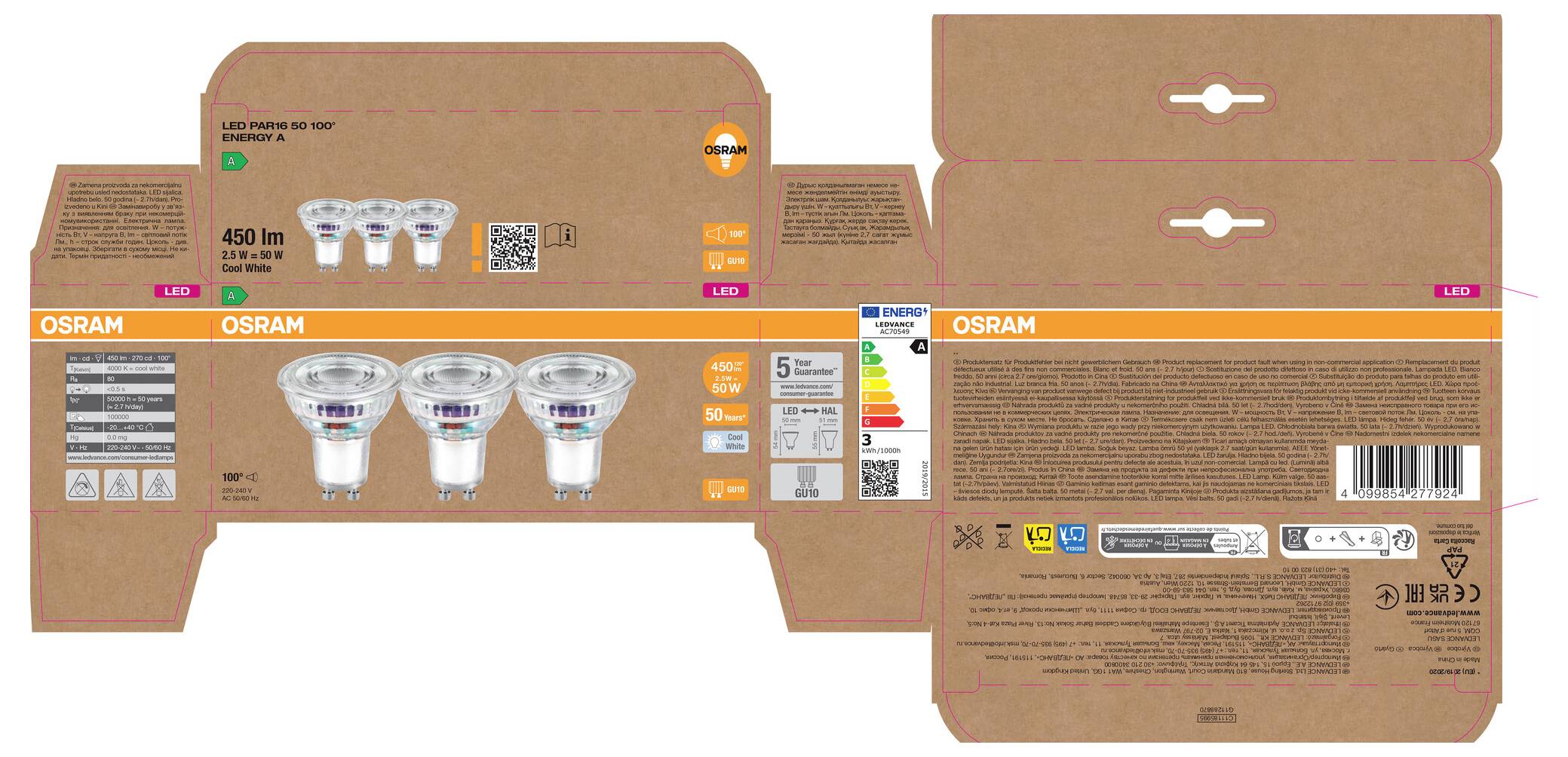 OSRAM LED light bulb retail packaging shown front and back, with three spotlight bulbs pictured and product details printed on the box.