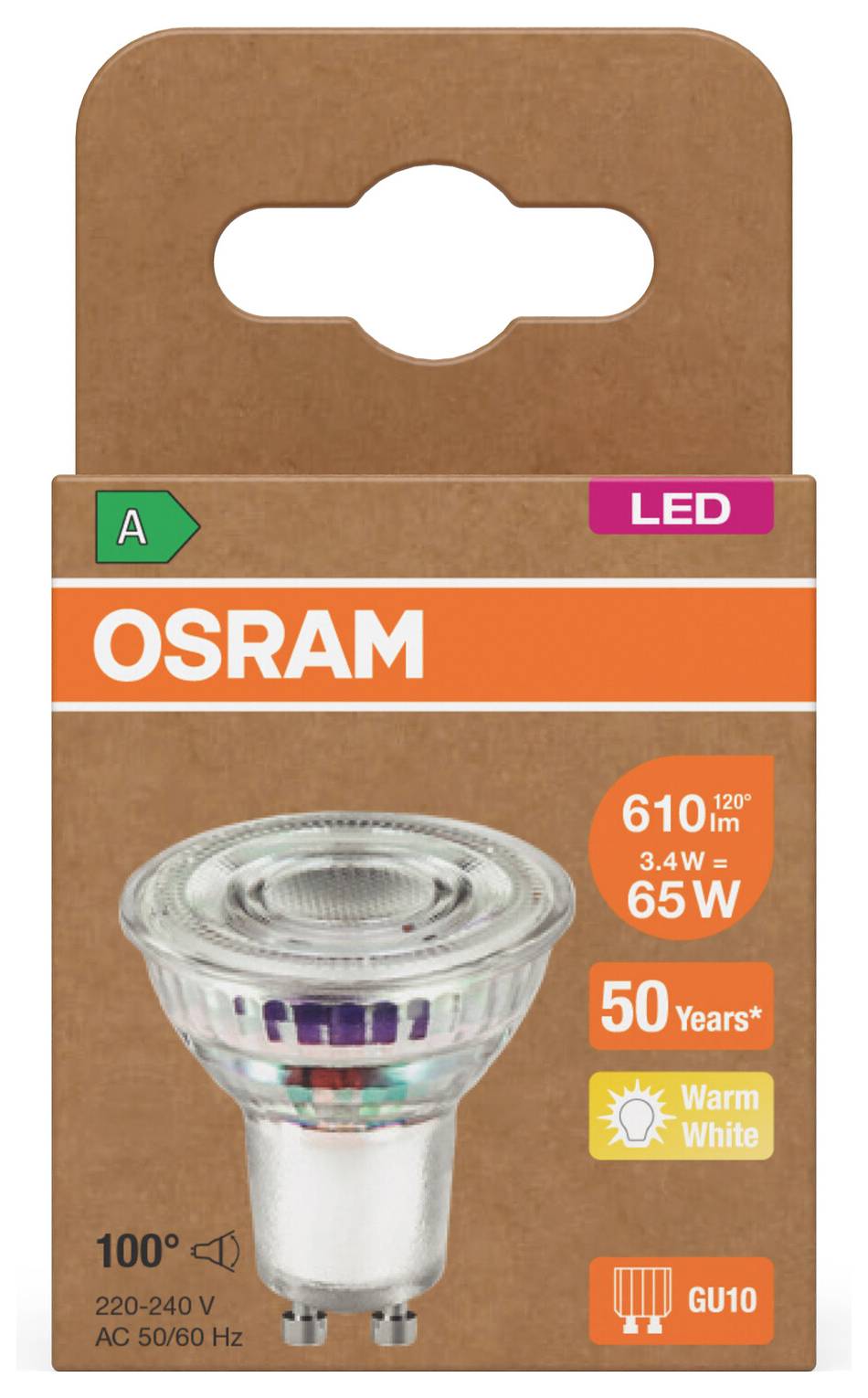 OSRAM LED GU10 light bulb package, labeled 3.4W = 65W, warm white, 610 lumens, 50,000 hours, 100° beam, 220-240V.