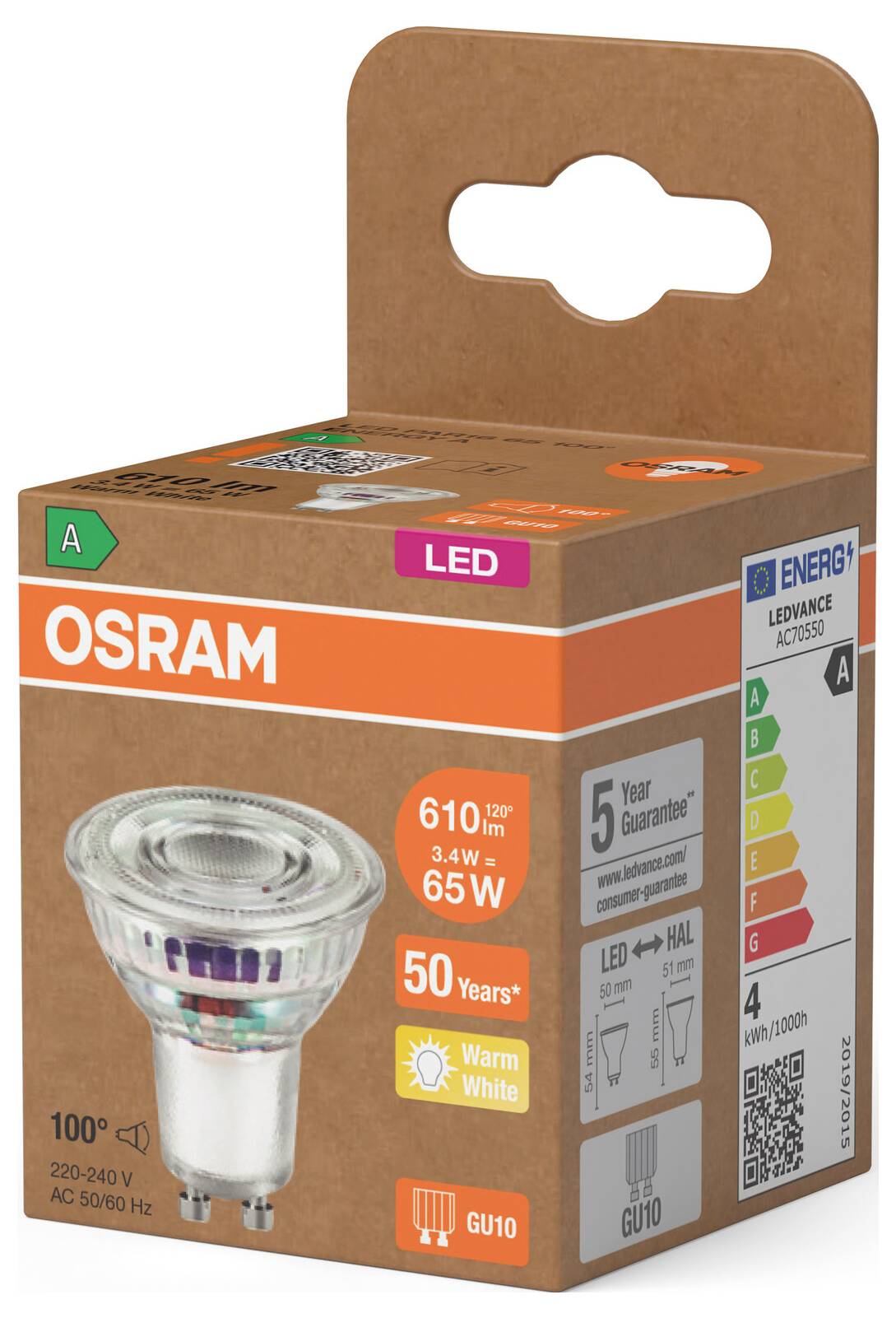 OSRAM LED light bulb product box, labeled 610 lm, 3.4 W, 65 W equivalent, warm white, GU10, 5-year guarantee.