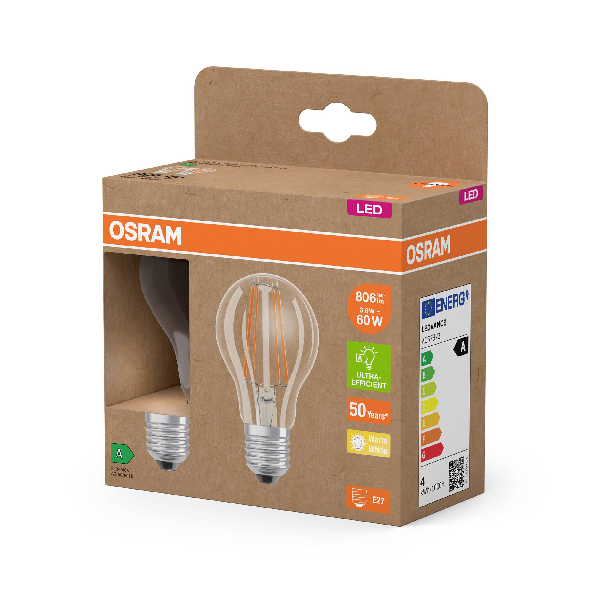 An Osram LED light bulb package with Energy Efficiency Class A, 806 lumens, equivalent to 60W, warm white light, E27 bayonet cap.