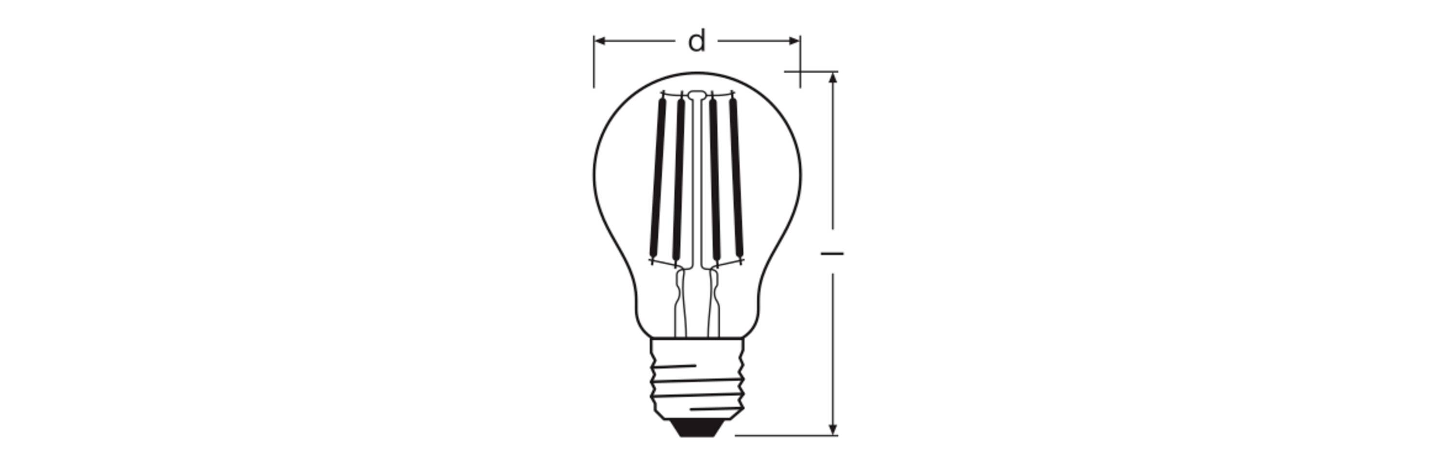 Black and white technical drawing of a light bulb with dimensions 'd' and height, focusing on internal structure and technical details.
