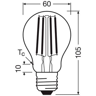 'Black and white technical drawing of a light bulb with dimensions: height 105 mm, width 60 mm, base height Tc 10 mm.'