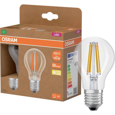 OSRAM LED light bulb in brown retail box, with package showing 100W equivalent, warm white, E27 base, and energy rating A.